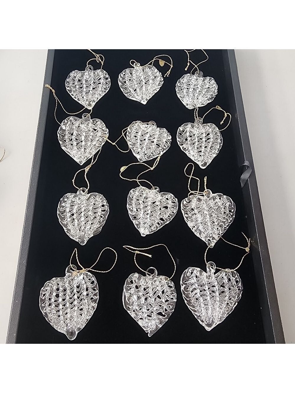Vtg set 12 hand spun glass lattice heart ornaments